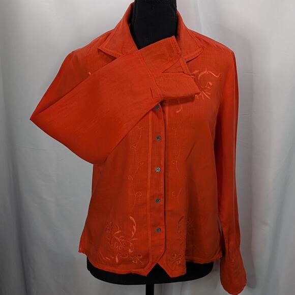 Valerie Stevens Red Linen Shirt M Embroidered Button Up Blouse 100% Linen - Picture 7 of 12